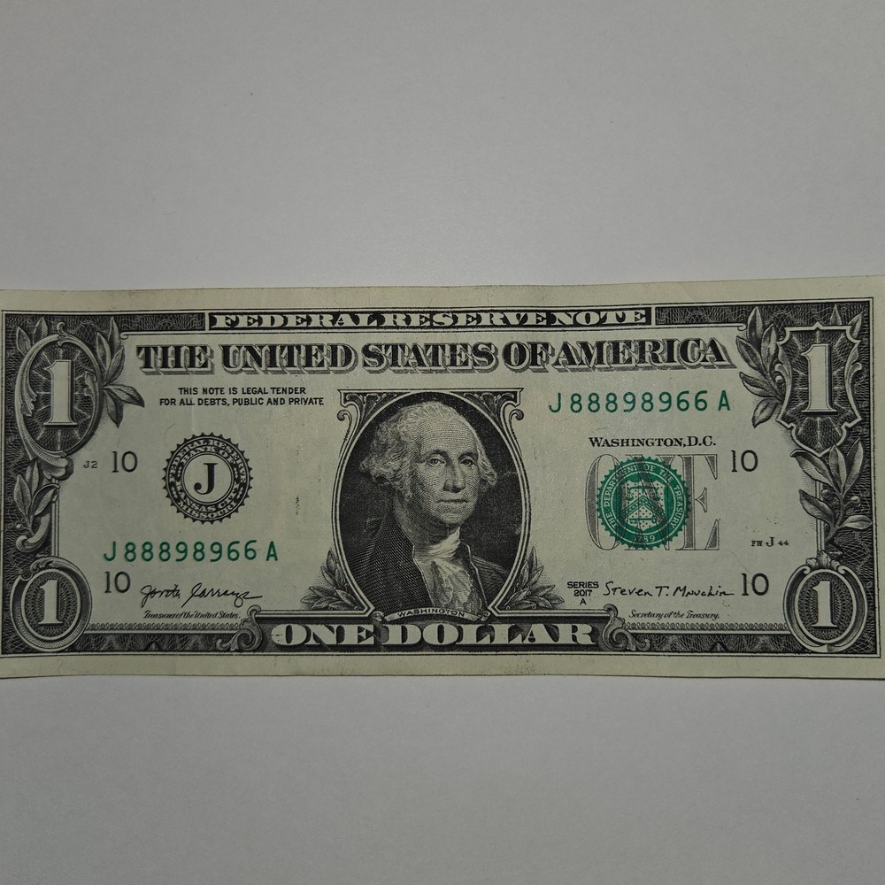 2017A One Dollar Bill Trinary Note Kansas City J88898966A Fancy SN (B228) - Picture 2 of 4